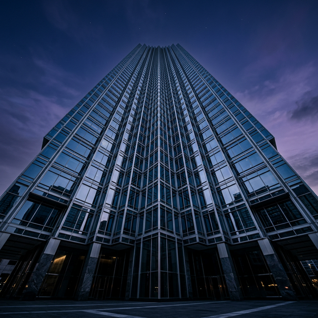 Modern glass skyscraper architecture at twilight